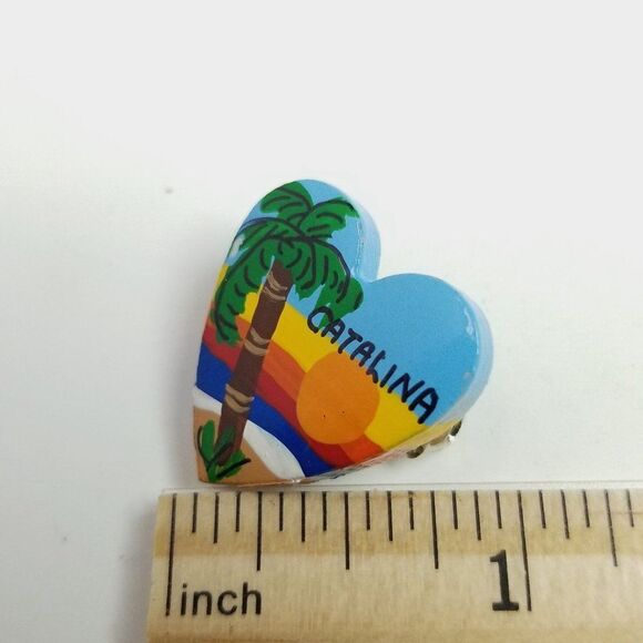 Vintage Catalina Heart Shape Tropical Palm Tree Sunset Brooch, Lapel Pin - Picture 4 of 6
